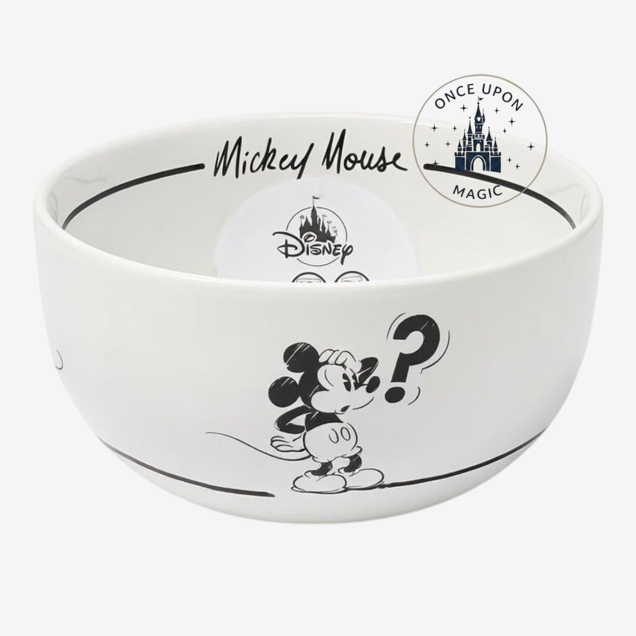 Once Upon Magic black and white ceramic bowl featuring Mickey Mouse with a question mark, Disneyland Paris.