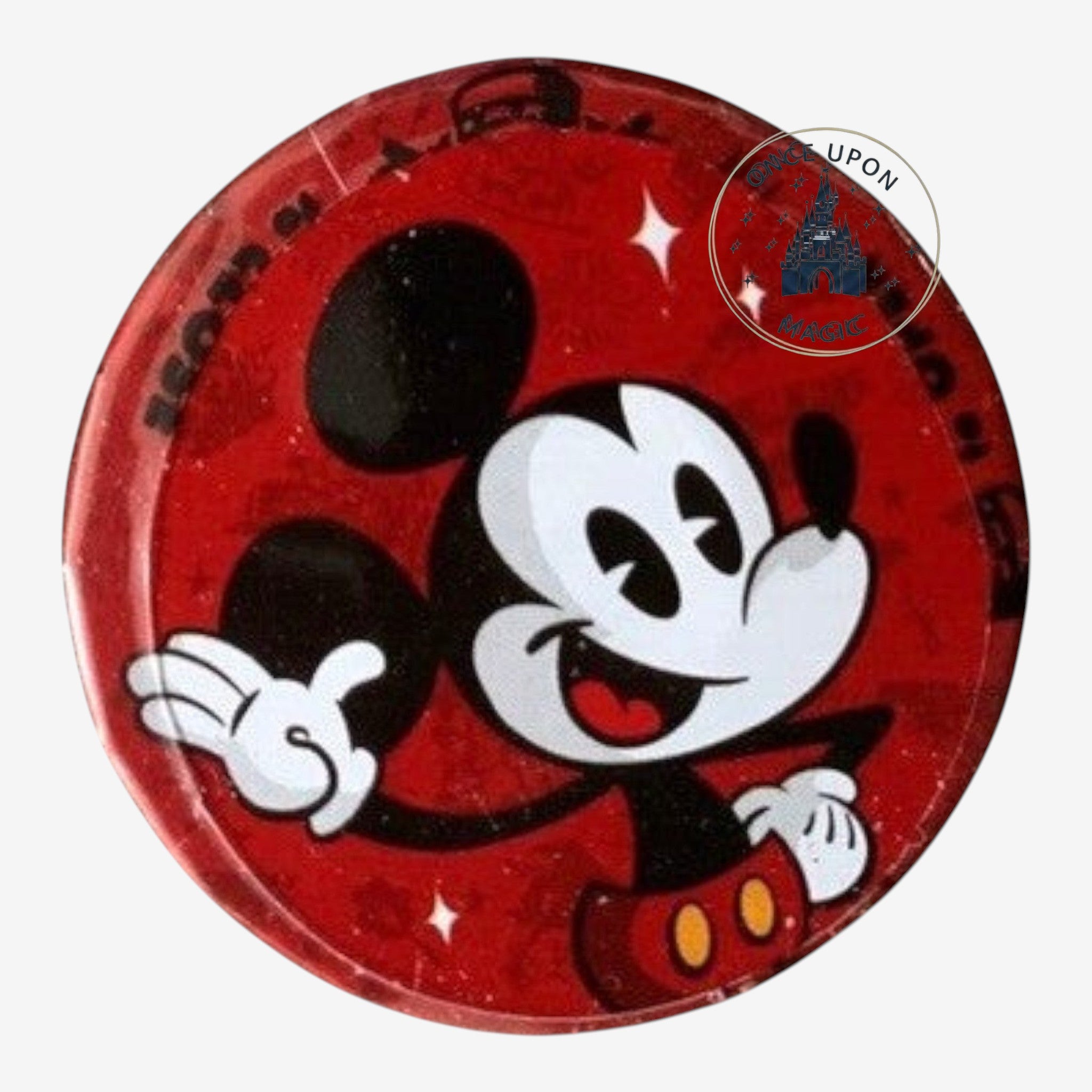 Once Upon Magic red tin candy box featuring Mickey Mouse in a classic pose with white gloves and red shorts.