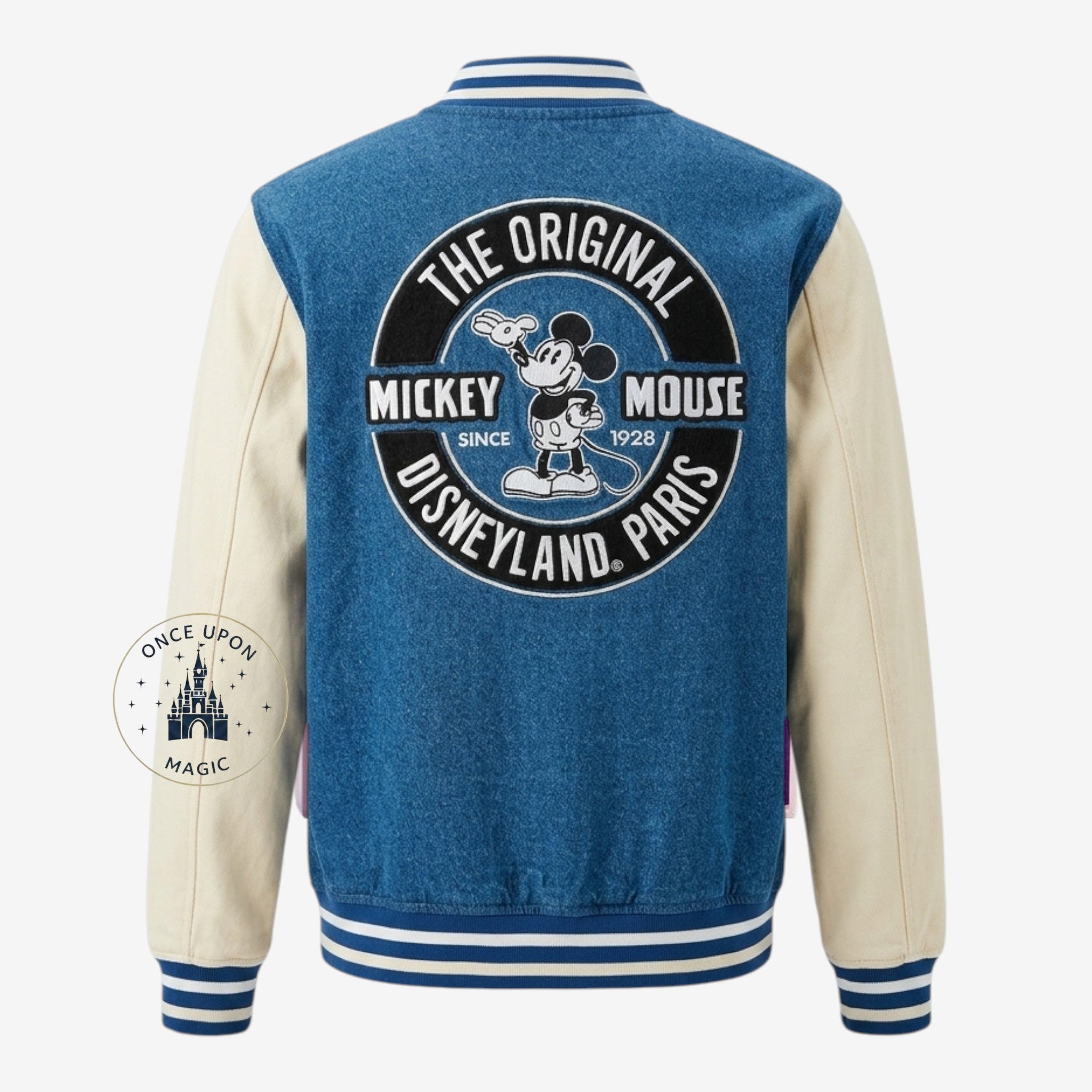 Once Upon Magic vintage Mickey Mouse Disneyland Paris denim and cream teddy jacket with contrast sleeves and striped cuffs.
