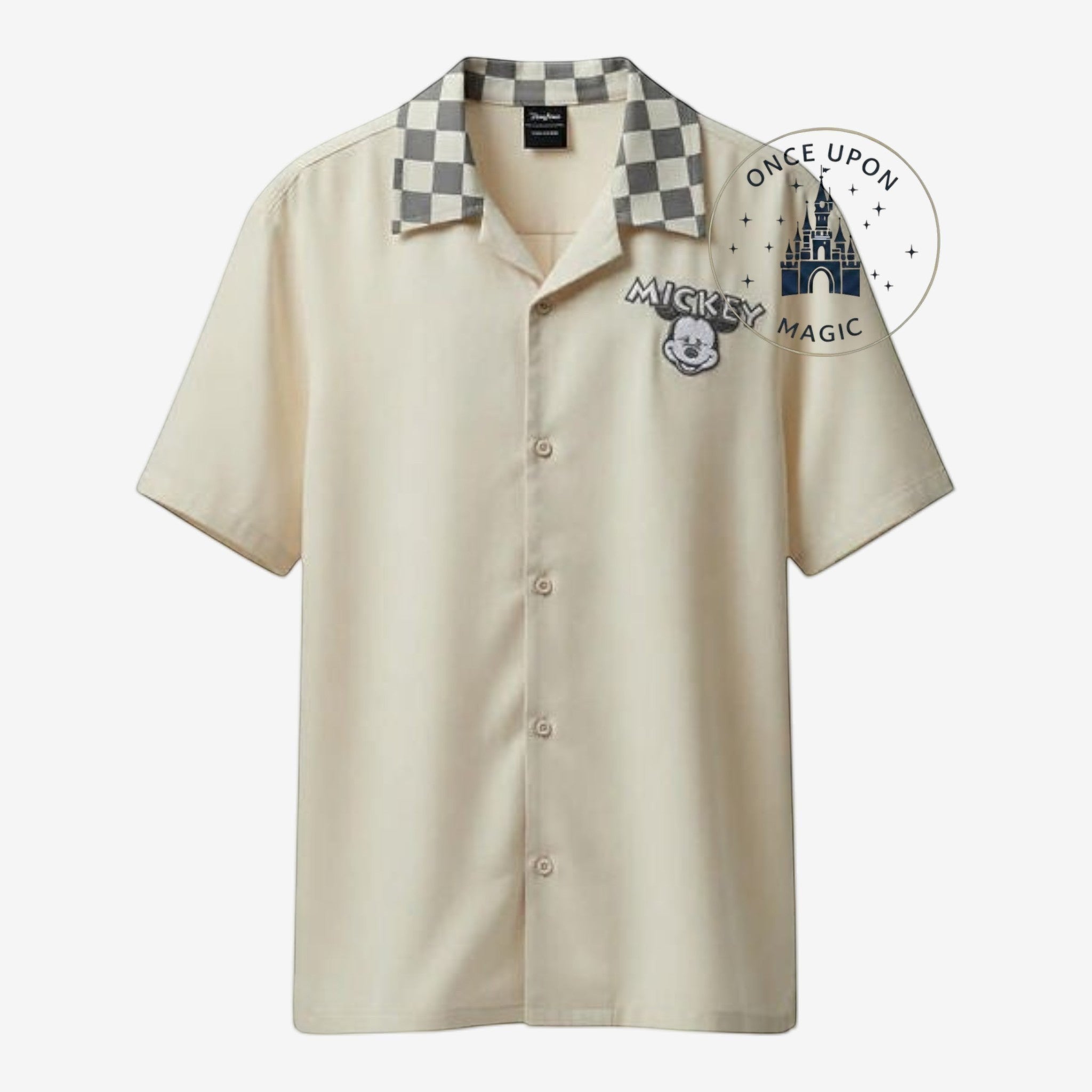Once Upon Magic beige short-sleeve button-up shirt with Mickey Mouse embroidery and checkered collar.