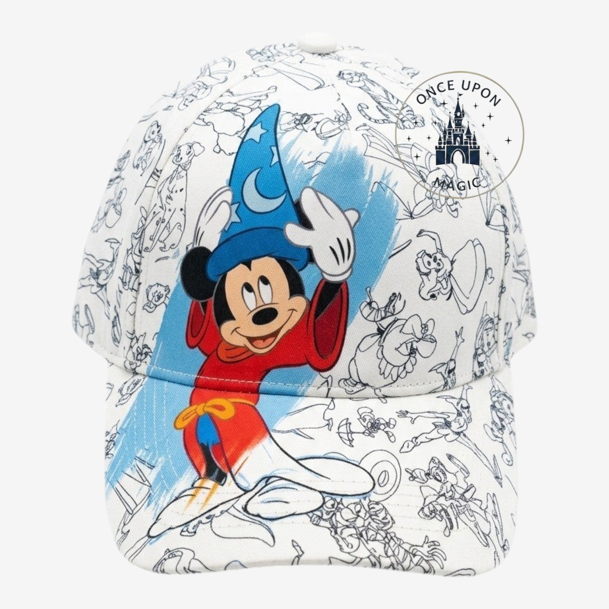 Once Upon Magic Mickey Mouse Fantasia baseball cap with all-over sketch print and Sorcerer Mickey graphic.