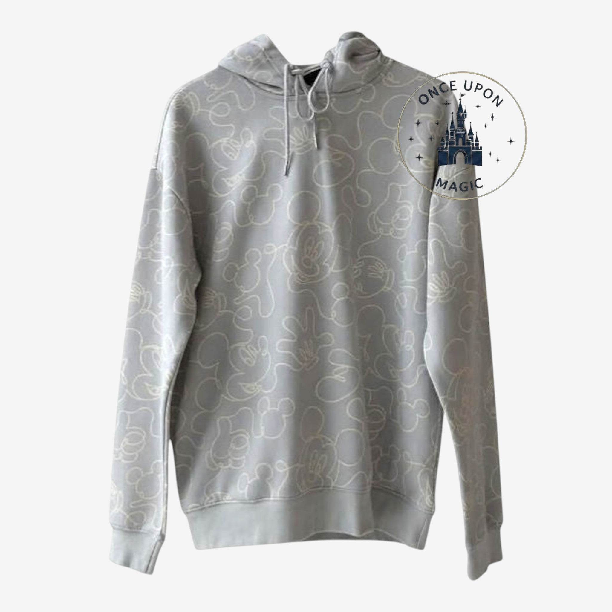 Once Upon Magic light grey hoodie with all-over outline print of Mickey Mouse faces and poses. Soft, comfortable fabric.