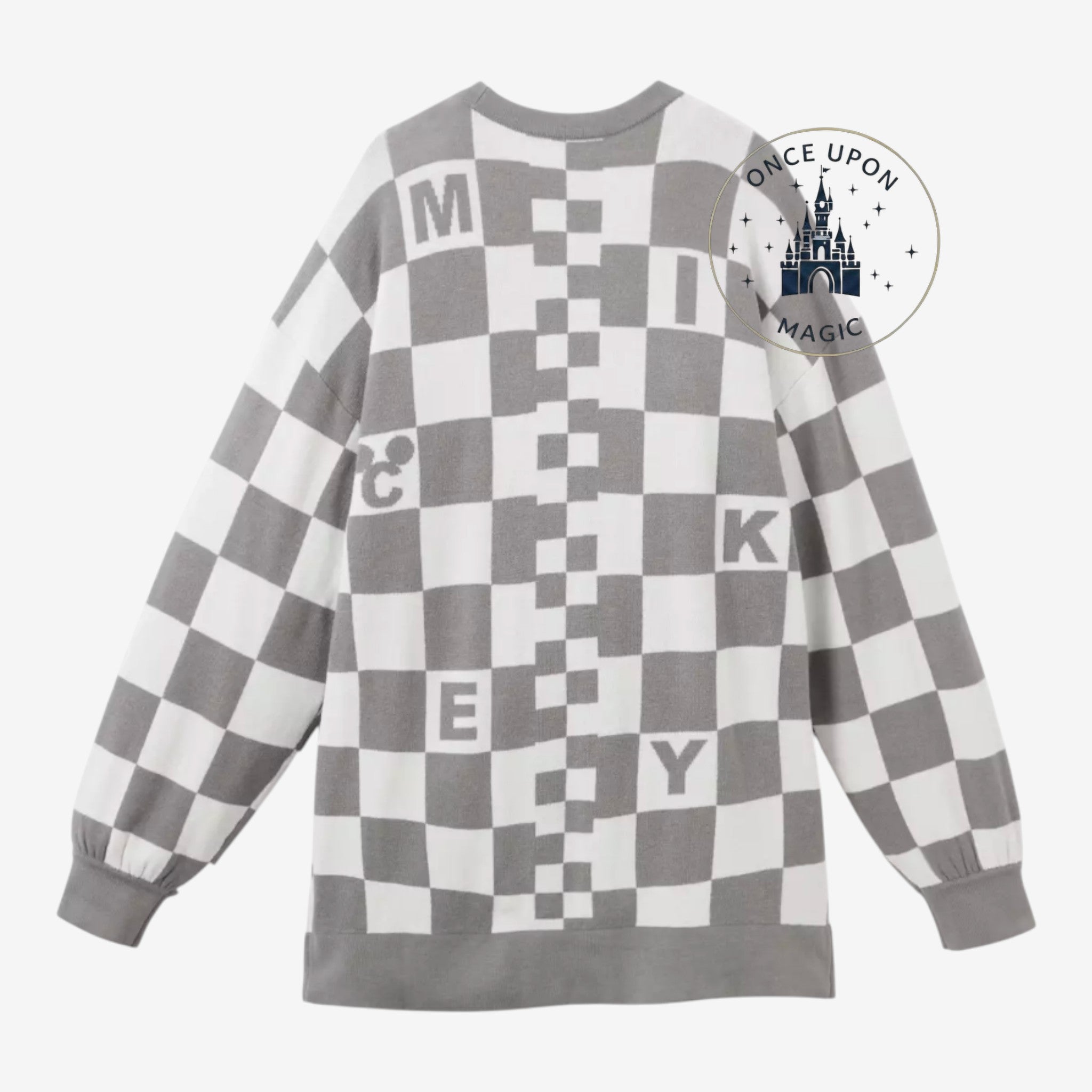 Her Universe grey and white checkered Mickey Mouse knit sweater with "MICKEY" text detail.