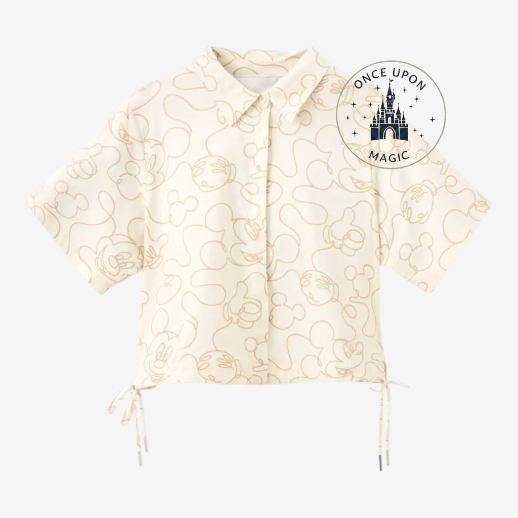 Once Upon Magic cream short-sleeve button-up shirt with all-over Mickey Mouse line art print and adjustable drawstring hem.