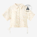 Once Upon Magic cream short-sleeve button-up shirt with all-over Mickey Mouse line art print and adjustable drawstring hem.