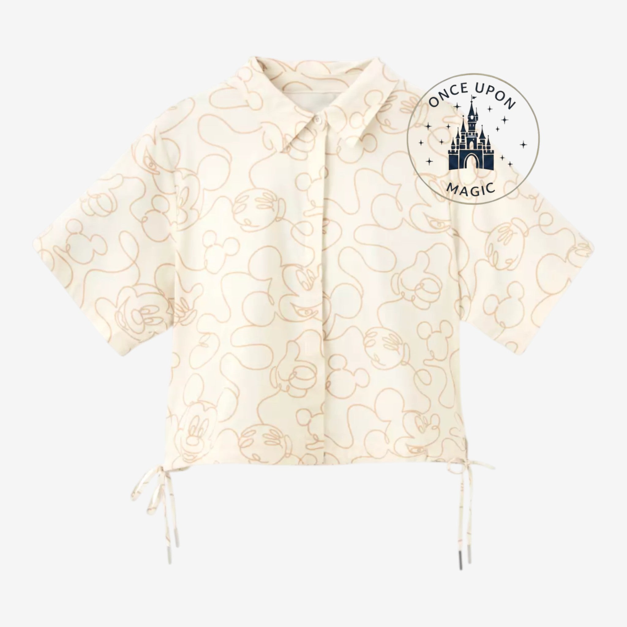 Once Upon Magic cream short-sleeve button-up shirt with all-over Mickey Mouse line art print and adjustable drawstring hem.
