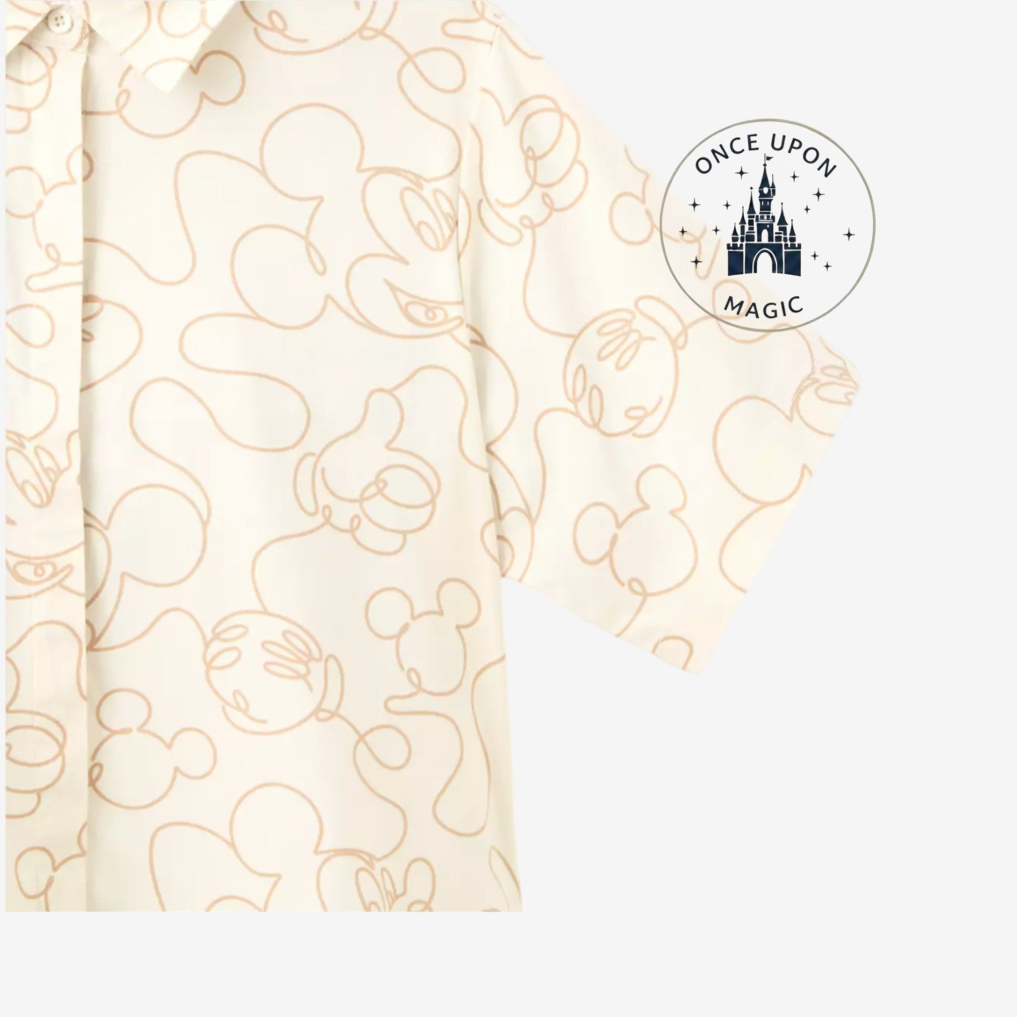 Once Upon Magic cream short-sleeve button-up shirt with a continuous line drawing of Mickey Mouse in tan.
