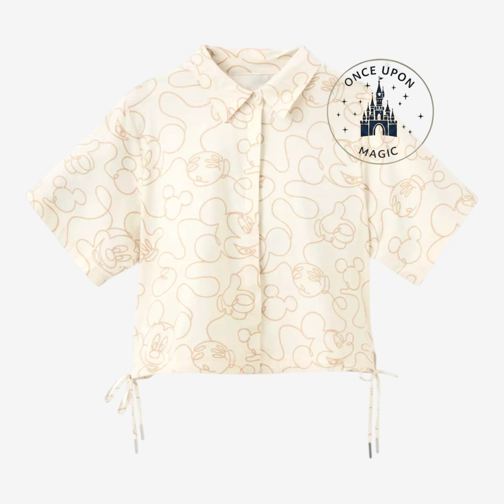 Once Upon Magic cream short-sleeve button-up shirt with all-over Mickey Mouse line art print and adjustable drawstring hem.