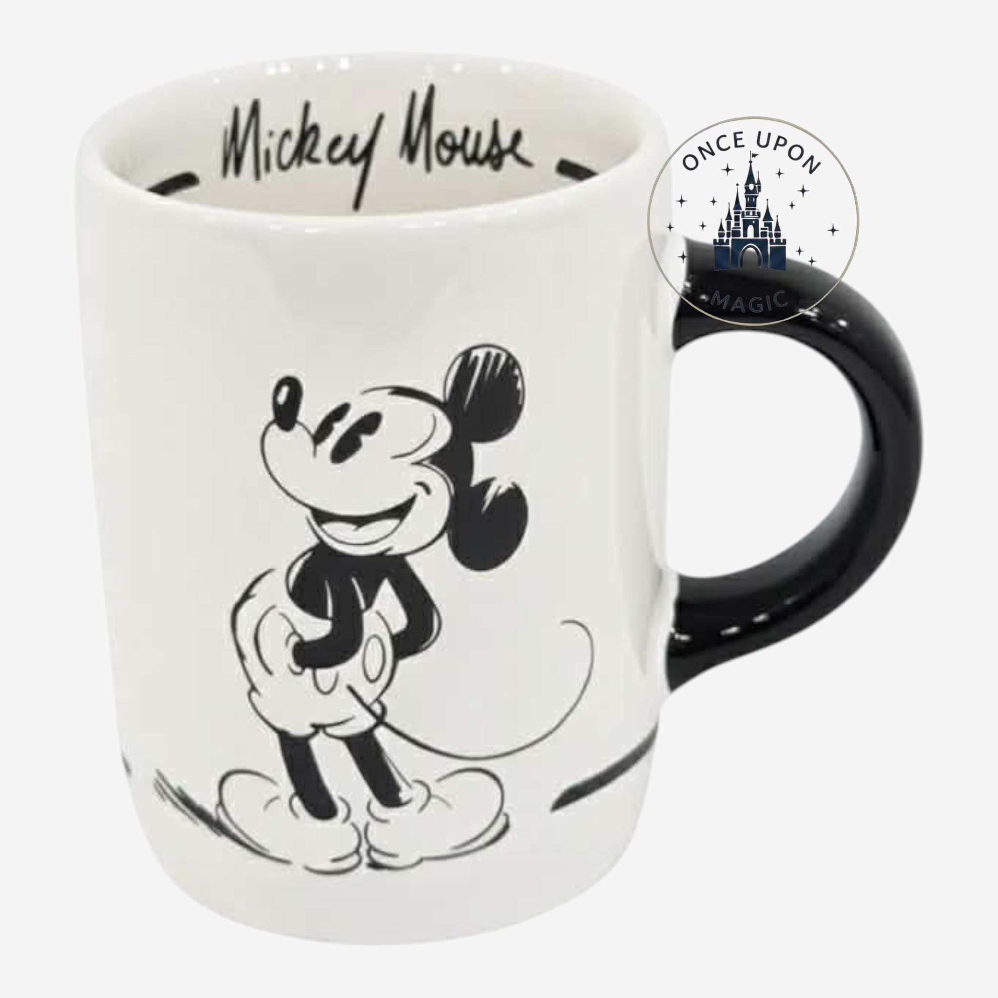 Once Upon Magic white ceramic Nespresso mug featuring a vintage black and white Mickey Mouse illustration and black handle.