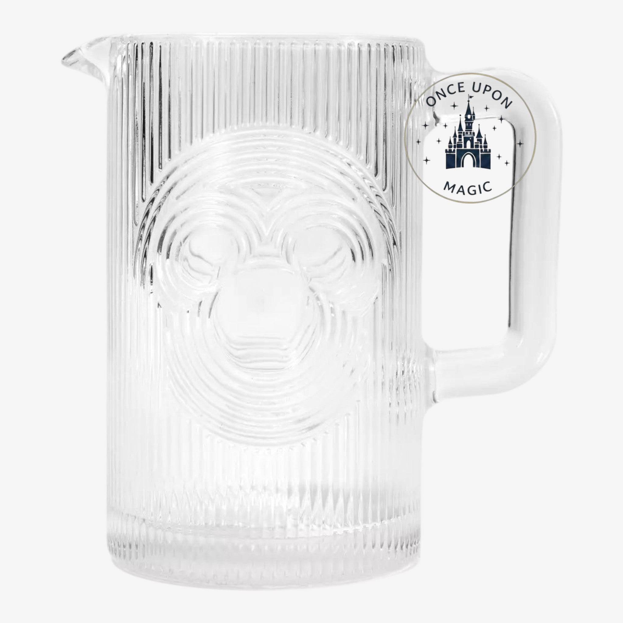 Once Upon Magic clear ribbed glass pitcher featuring an embossed Mickey Mouse silhouette for Disney fans.