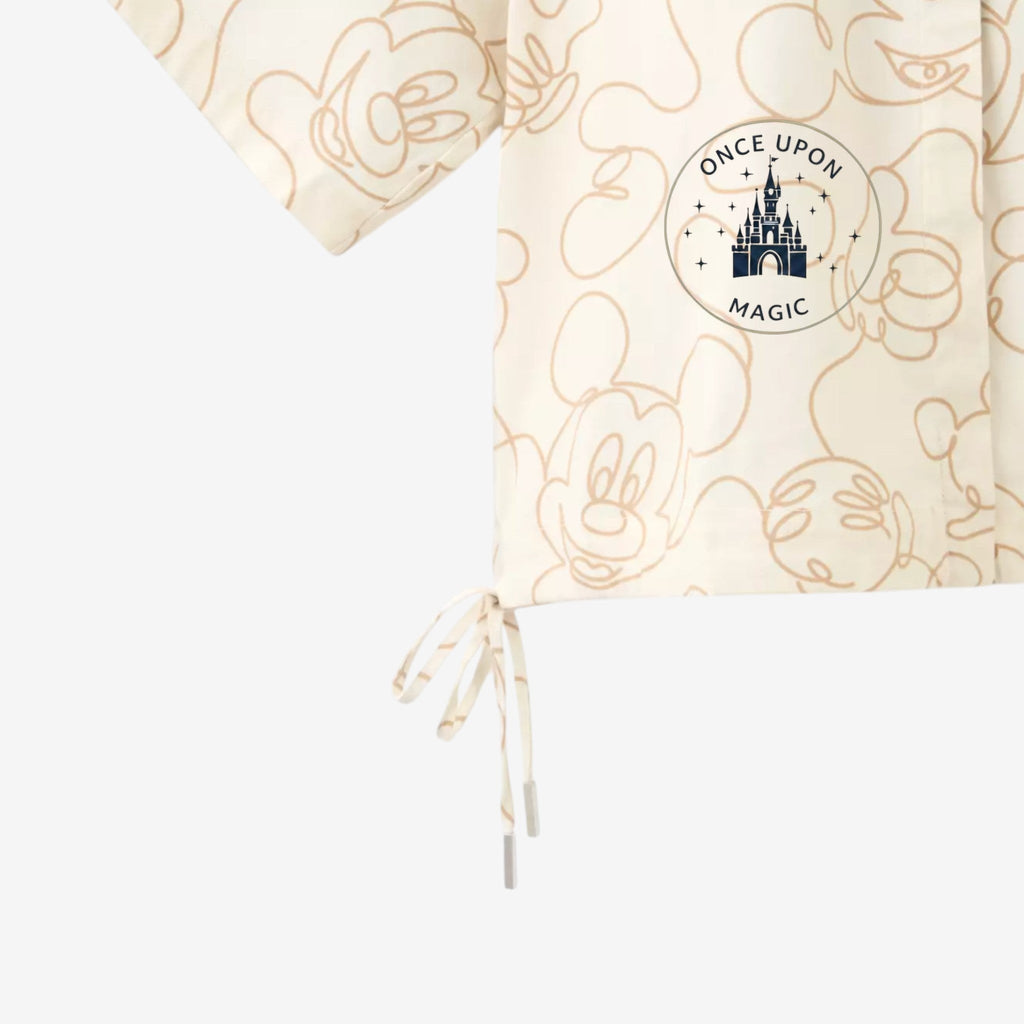 Once Upon Magic cream short-sleeve shirt with all-over Mickey Mouse line art print and drawstring hem.