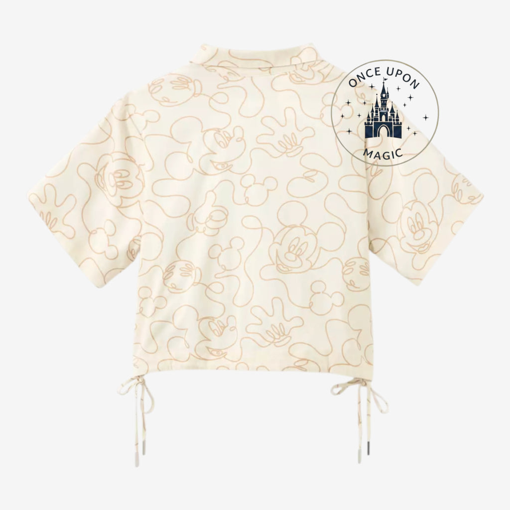 Once Upon Magic cream short-sleeve shirt with all-over Mickey Mouse line art print and drawstring hem.