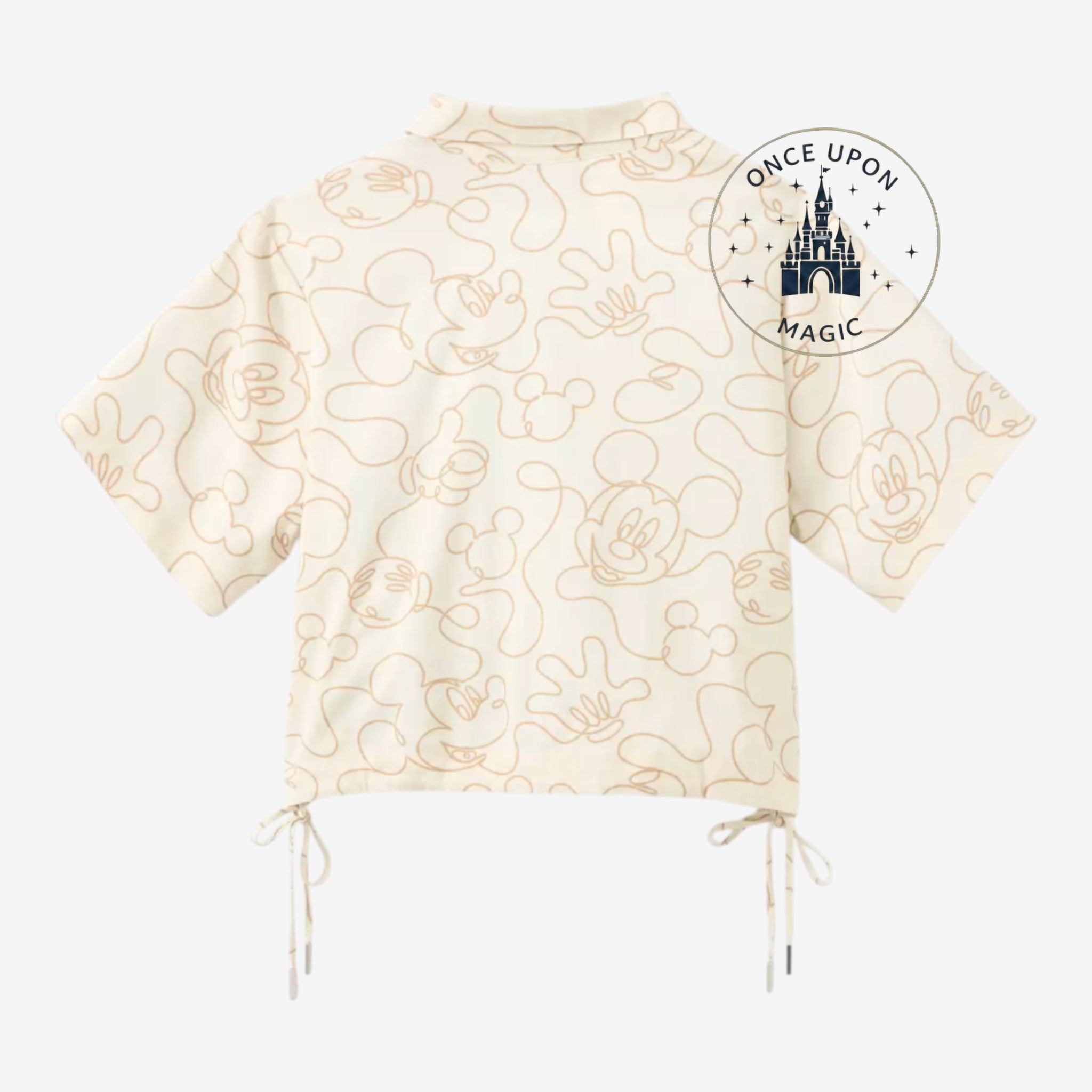 Once Upon Magic cream short-sleeve shirt with all-over Mickey Mouse line art print and drawstring hem.