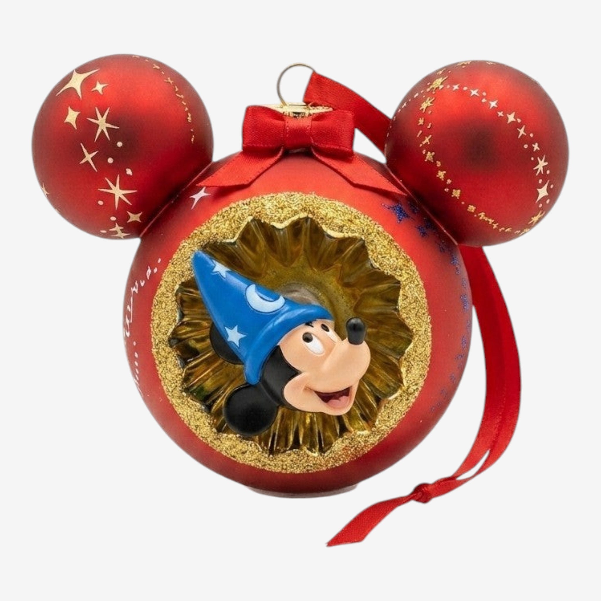 Once Upon Magic Mickey Mouse Sorcerer's Apprentice red bauble ornament with gold glitter and stars.