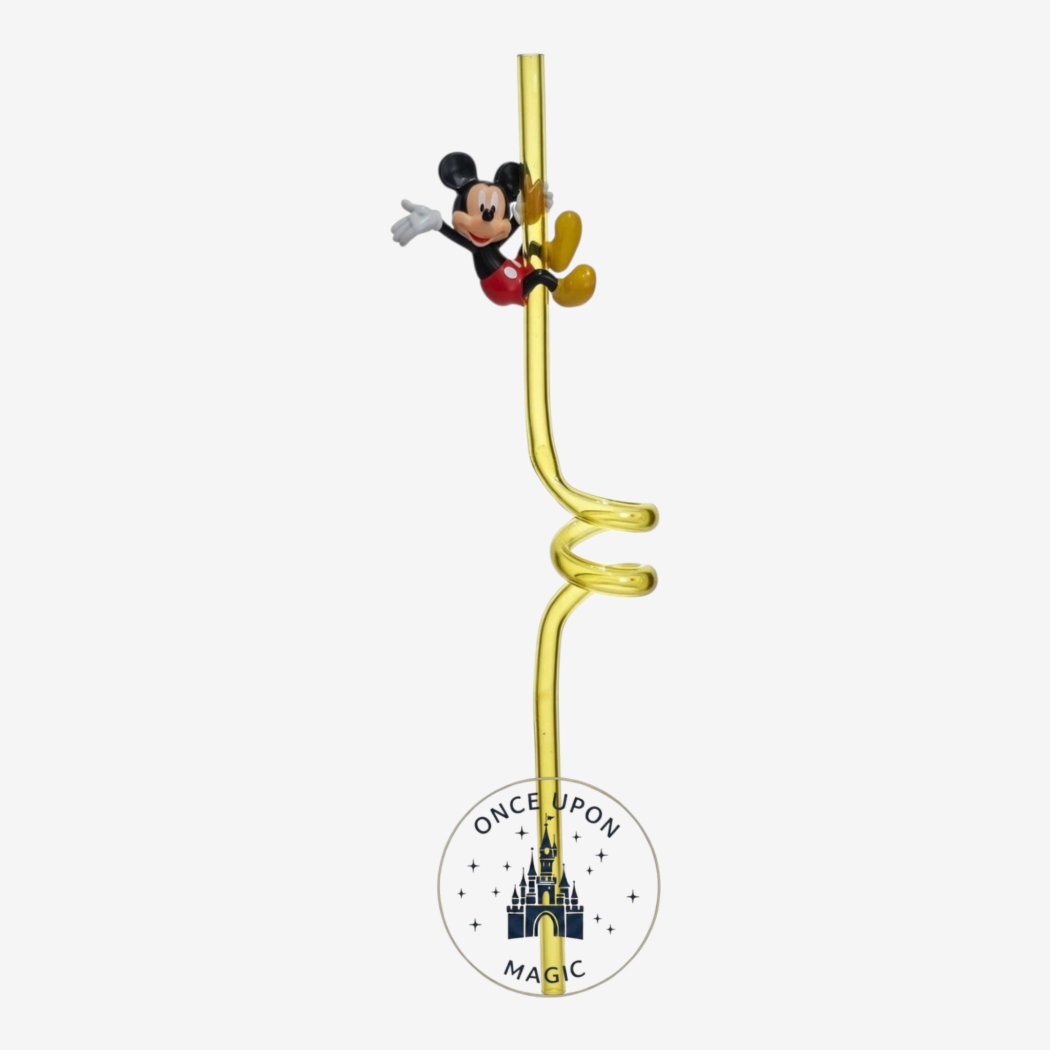 Once Upon Magic reusable yellow translucent spiral straw featuring a cheerful Mickey Mouse figurine.