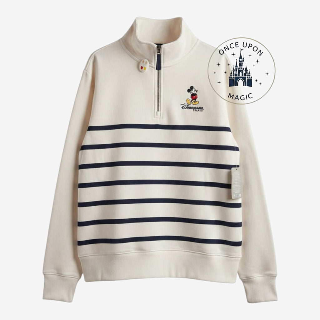 Once Upon Magic Disneyland Paris cream and navy striped quarter-zip sweatshirt featuring a small Mickey Mouse logo
