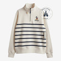 Once Upon Magic Disneyland Paris cream and navy striped quarter-zip sweatshirt featuring a small Mickey Mouse logo