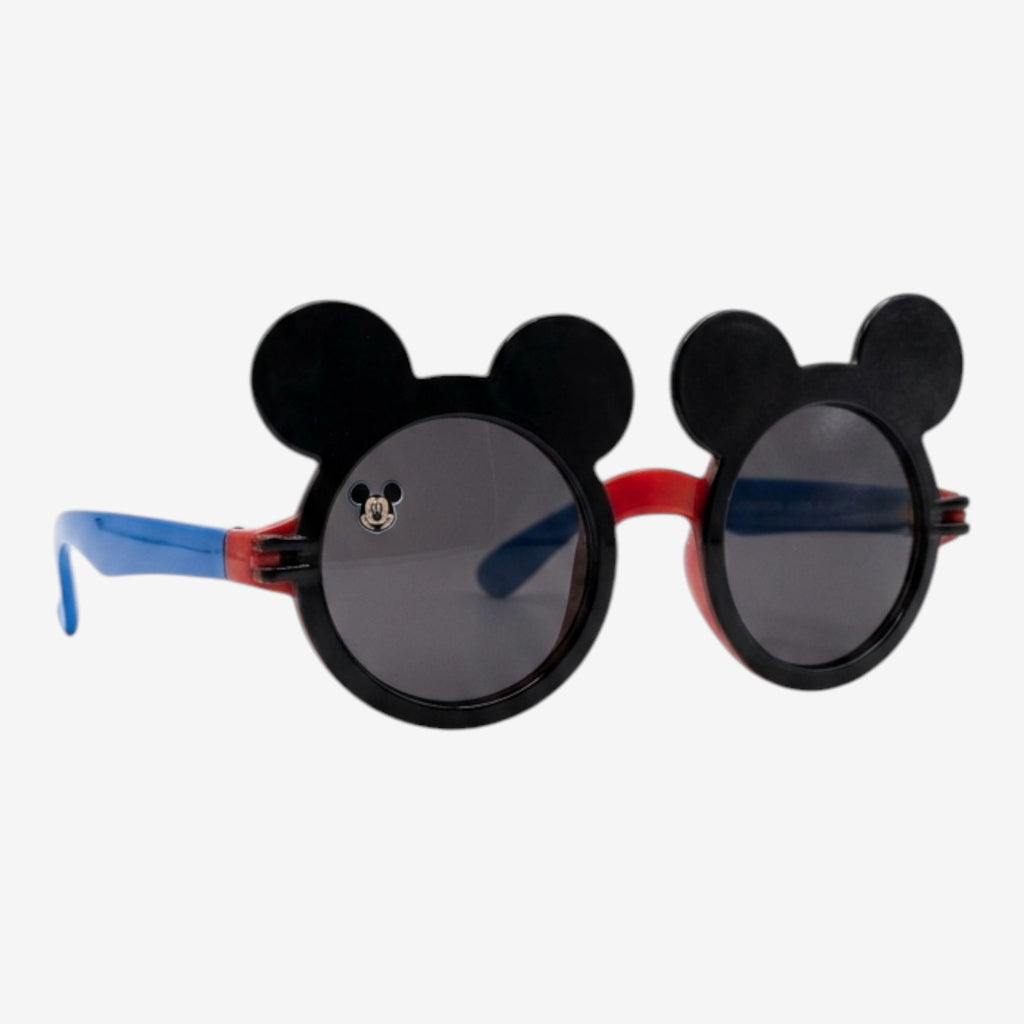 Once Upon Magic black round sunglasses with Mickey Mouse ears, red bridge, and blue arms. UV protection.