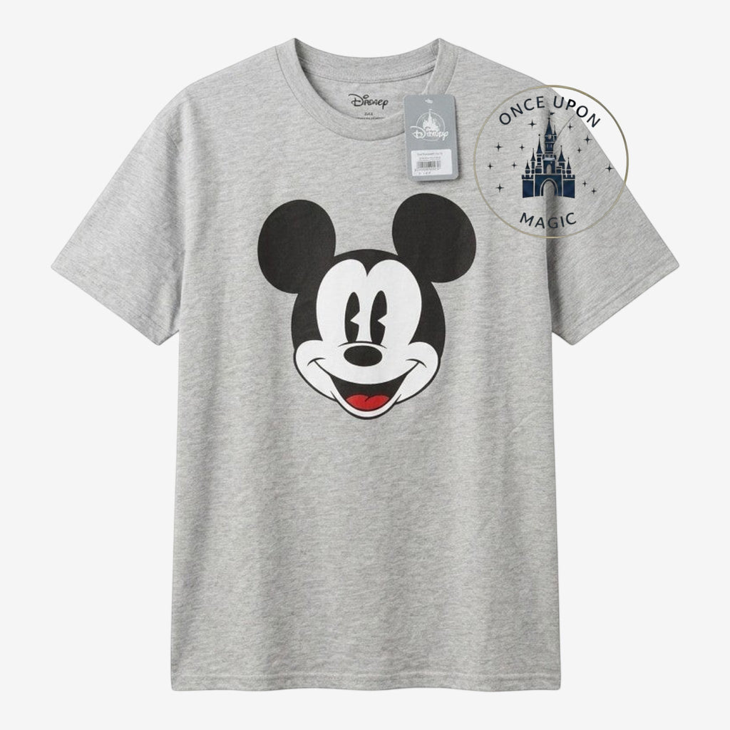 Once Upon Magic grey cotton t-shirt with a classic Mickey Mouse face graphic. Short sleeves, crew neck.