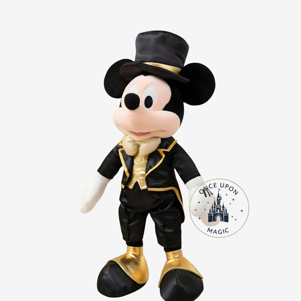 Peluche Mickey Mouse Disney Adventure World en costume noir et or avec haut-de-forme