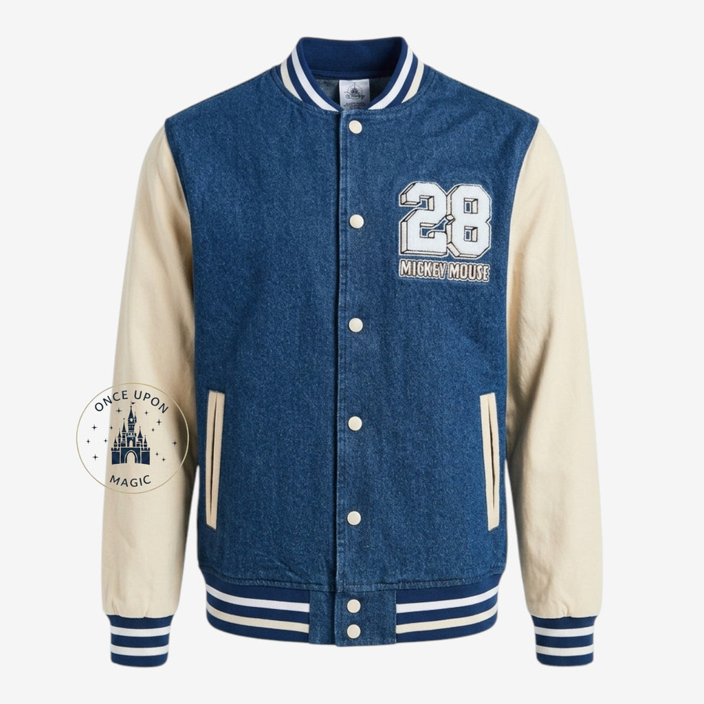Once Upon Magic blue denim and cream college teddy jacket with "28 Mickey Mouse" embroidery on chest.