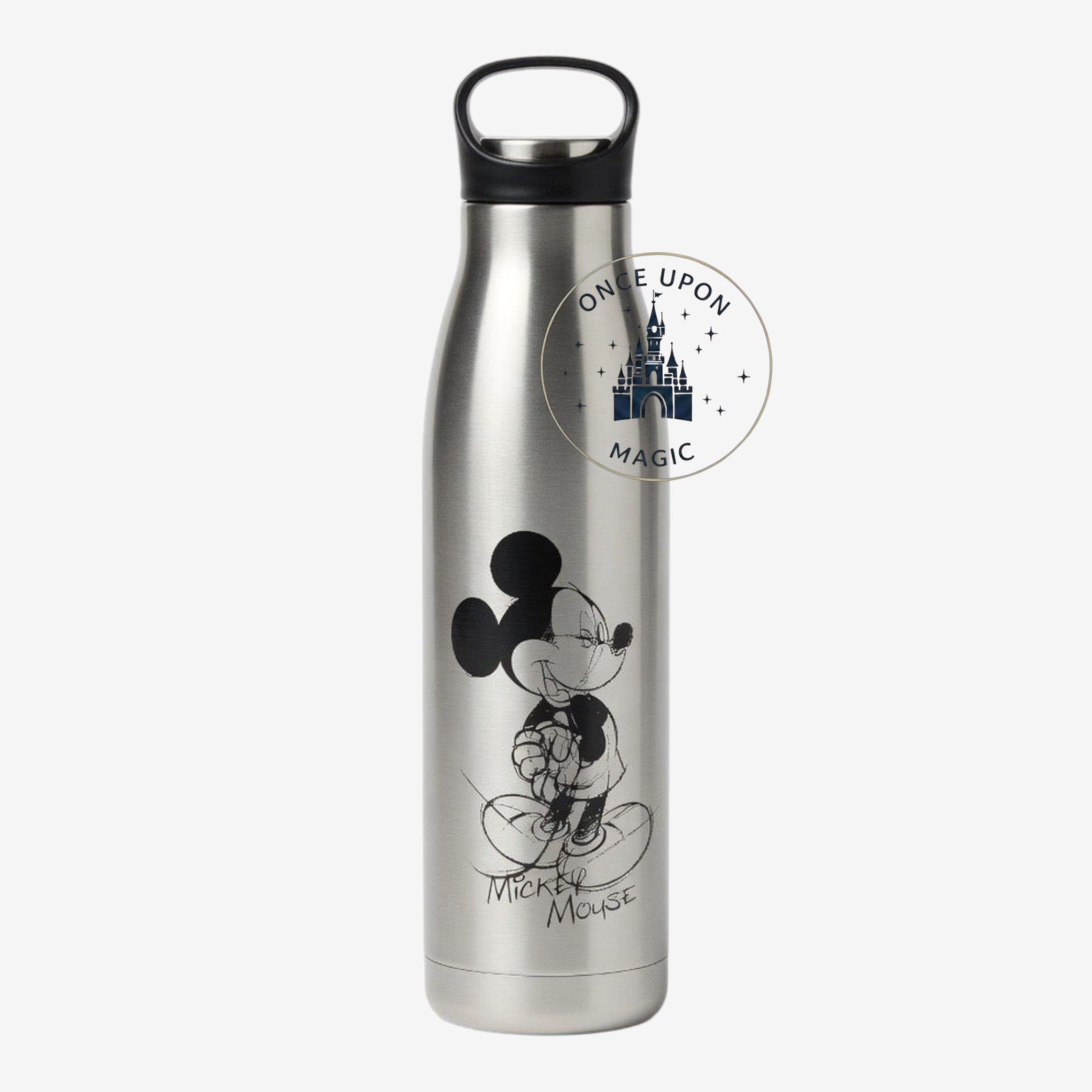 Once Upon Magic silver stainless steel water bottle with a black sketch of Mickey Mouse and his name.