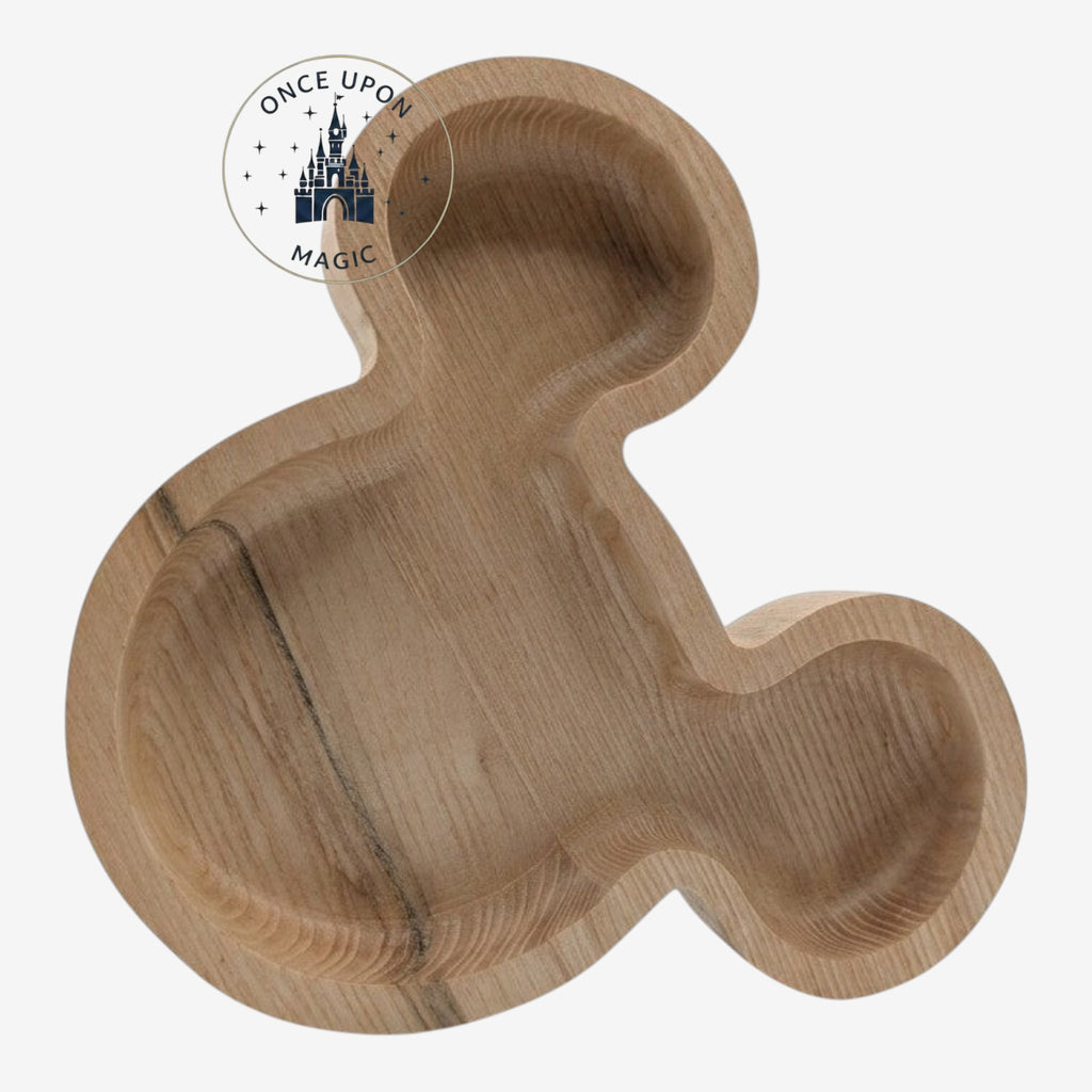 Once Upon Magic natural wood Mickey Mouse head shaped trinket dish with 3 compartments.