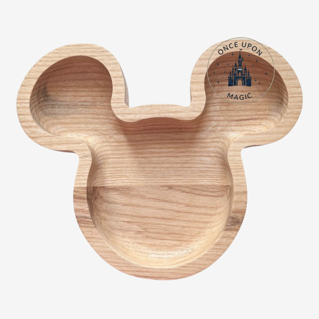 Once Upon Magic natural wood Mickey Mouse head shaped dish with three compartments for keys, jewelry, or change.