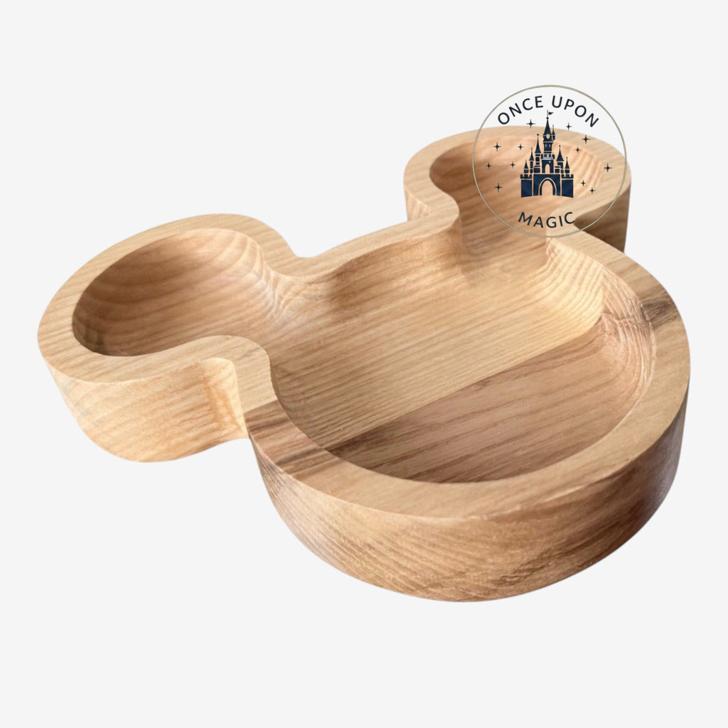 Once Upon Magic natural wood Mickey Mouse shaped dish with three compartments for keys, jewelry, or change.