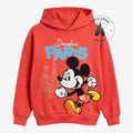 Once Upon Magic red cotton blend hooded sweatshirt for kids featuring Mickey Mouse running with Disneyland Paris and Eiffel Tower graphics.