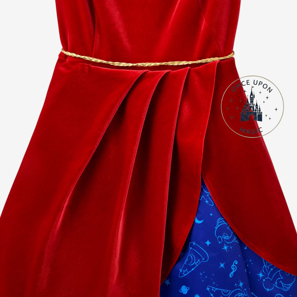 Once Upon Magic Fantasia Mickey Sorcerer dress featuring a burgundy velvet bodice and blue satin skirt with print.