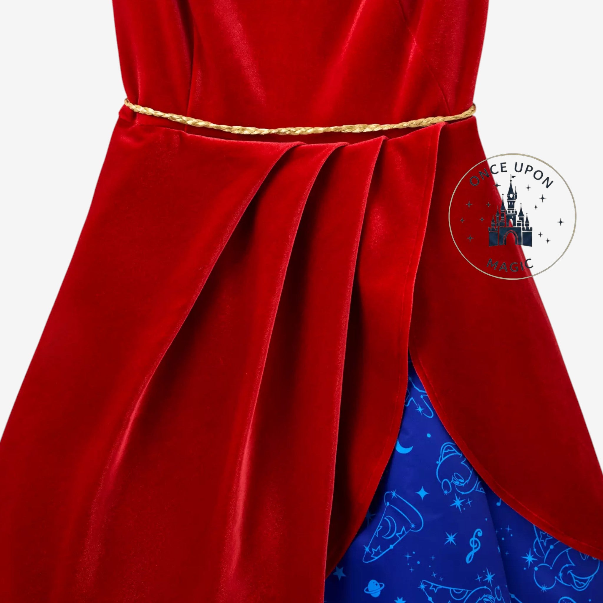 Once Upon Magic Fantasia Mickey Sorcerer dress featuring a burgundy velvet bodice and blue satin skirt with print.