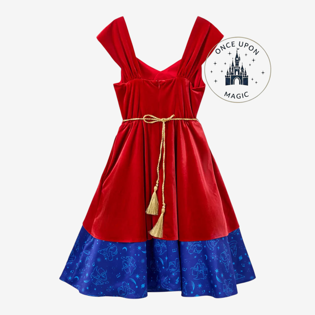 Once Upon Magic Disney Fantasia Mickey Sorcier dress featuring a burgundy velvet bodice and blue satin skirt with print.