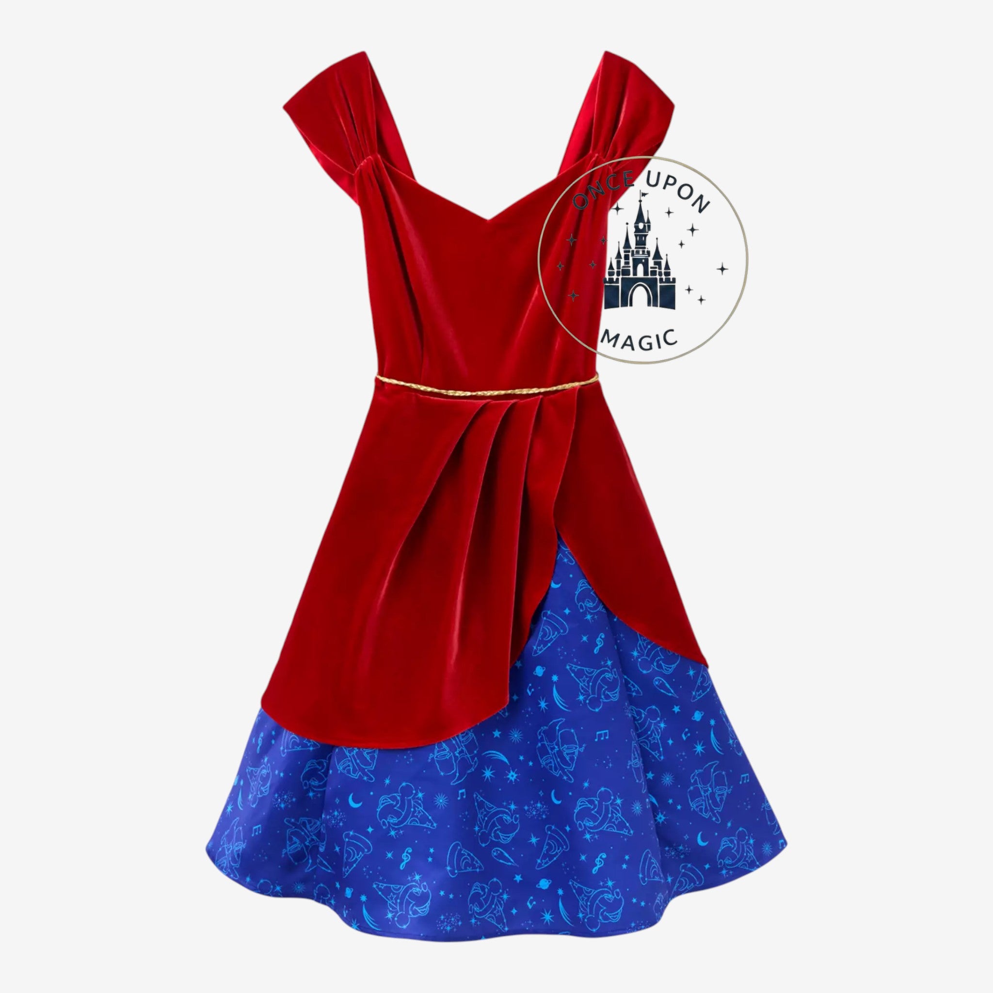 Once Upon Magic Disney Fantasia Mickey Sorcier dress with a burgundy velvet bodice and blue satin printed skirt.