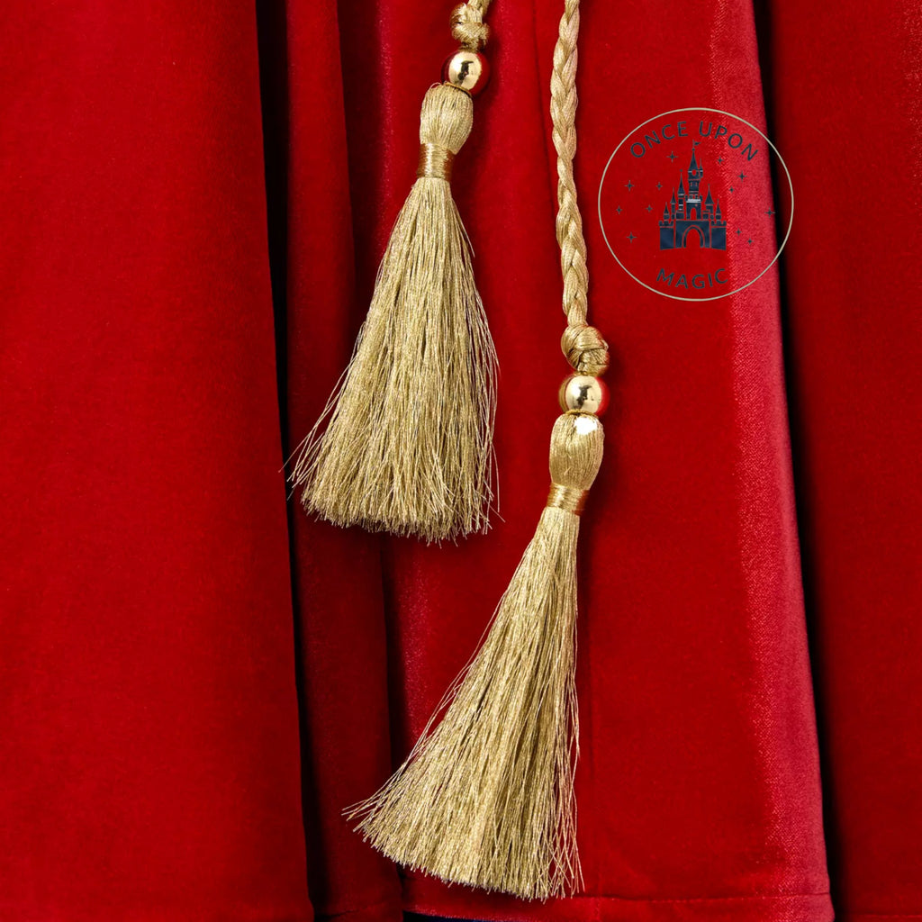 Once Upon Magic Mickey Sorcier Fantasia dress featuring a deep burgundy velvet fabric and a braided gold tassel belt.