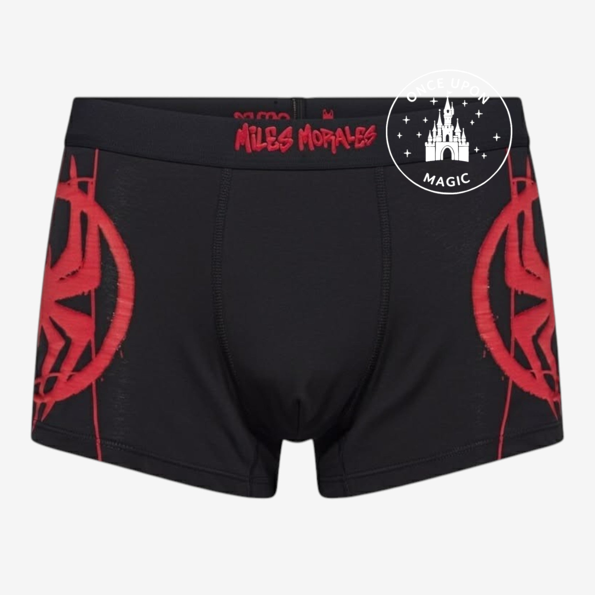 Once Upon Magic Miles Morales Spider-Man boxer briefs in black with red graffiti-style spider logos and branded waist