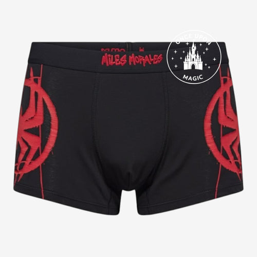Once Upon Magic Miles Morales Spider-Man boxer briefs in black with red graffiti-style spider logos and branded waist