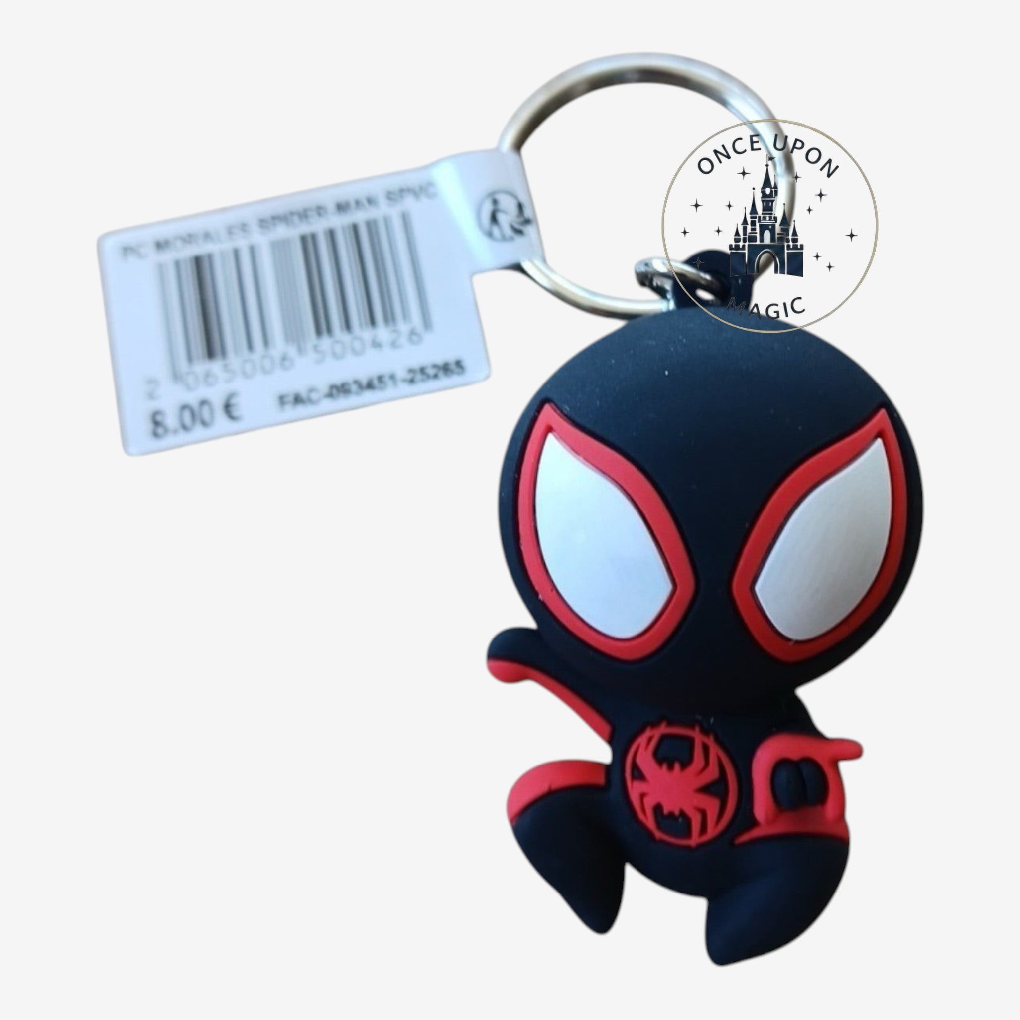 Once Upon Magic Miles Morales Spider-Man chibi keychain in black and red with a metal ring on a white background.