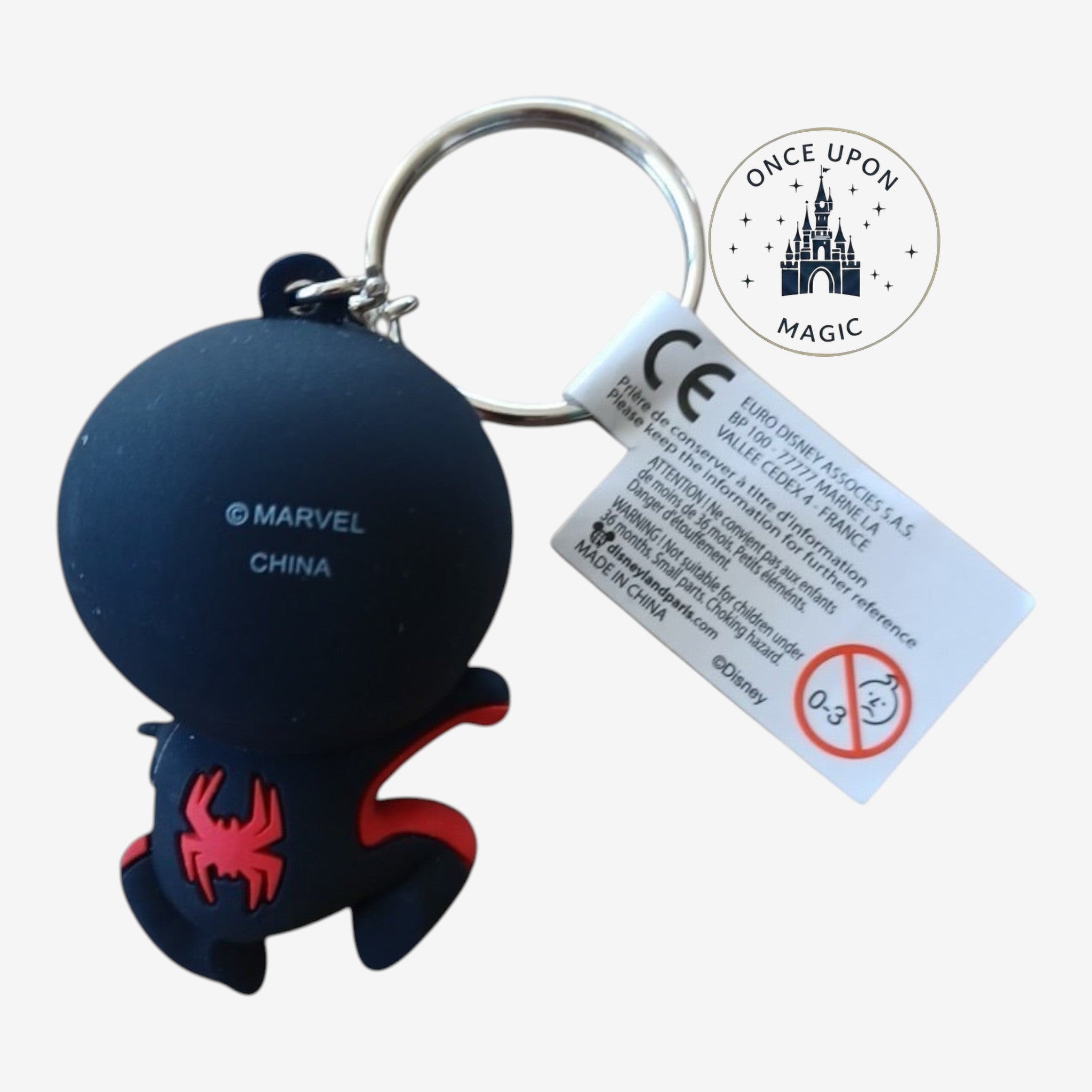 Once Upon Magic Miles Morales Spider-Man chibi keychain in black and red with metal ring and Disneyland Paris tag.