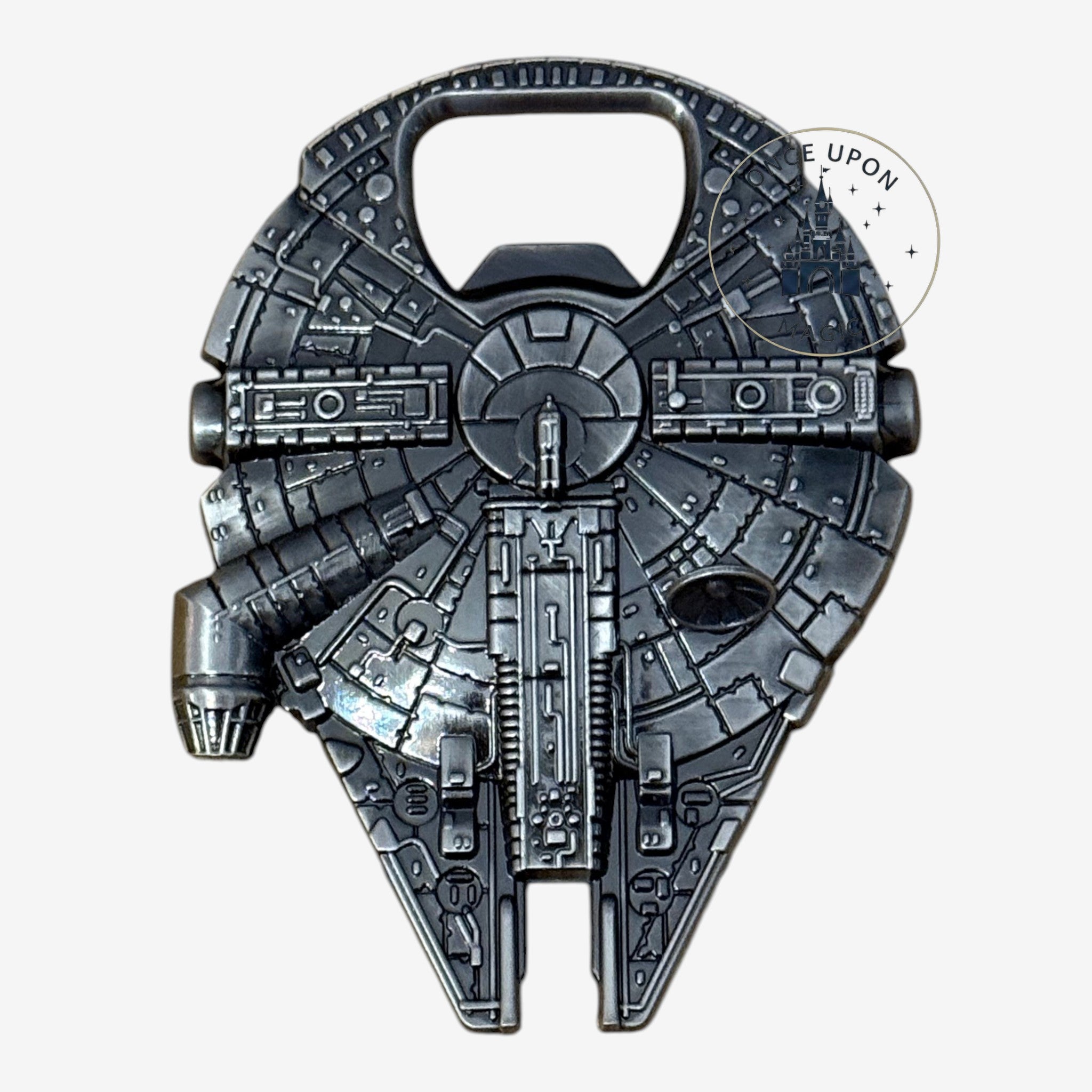 Once Upon Magic Star Wars Millennium Falcon bottle opener with detailed metallic silver finish