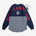 Once Upon Magic navy blue and white striped Minnie Mouse cruise jersey with red Disneyland lettering on the back.