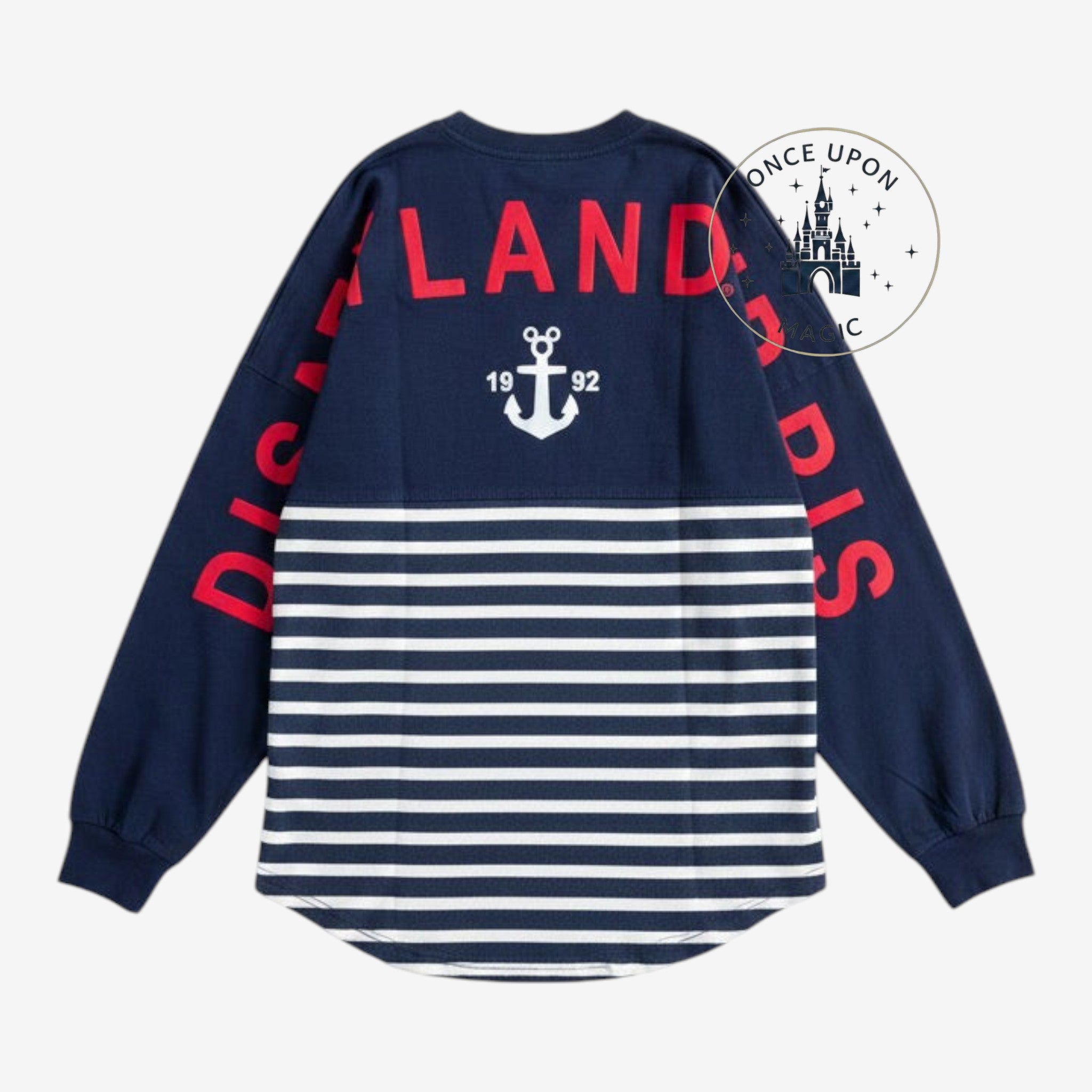 Once Upon Magic navy blue and white striped Minnie Mouse cruise jersey with red Disneyland lettering on the back.