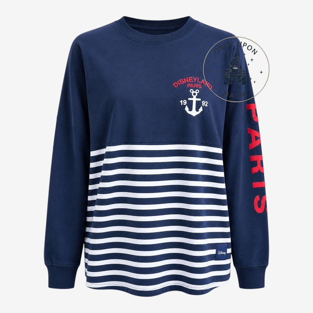 Once Upon Magic navy blue and white striped Minnie Mouse cruise jersey with Disneyland Paris anchor logo