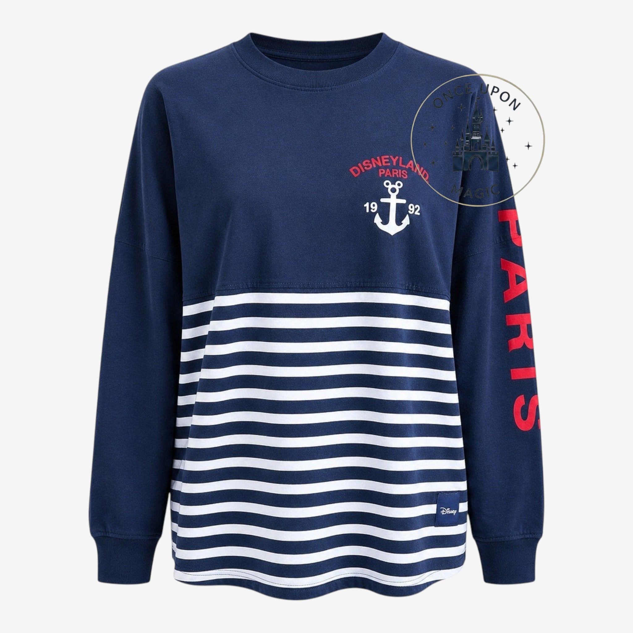 Once Upon Magic navy blue and white striped Minnie Mouse cruise jersey with Disneyland Paris anchor logo