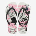 Once Upon Magic white rubber flip-flops with Minnie Mouse & Daisy Duck graphics in pink and black straps.