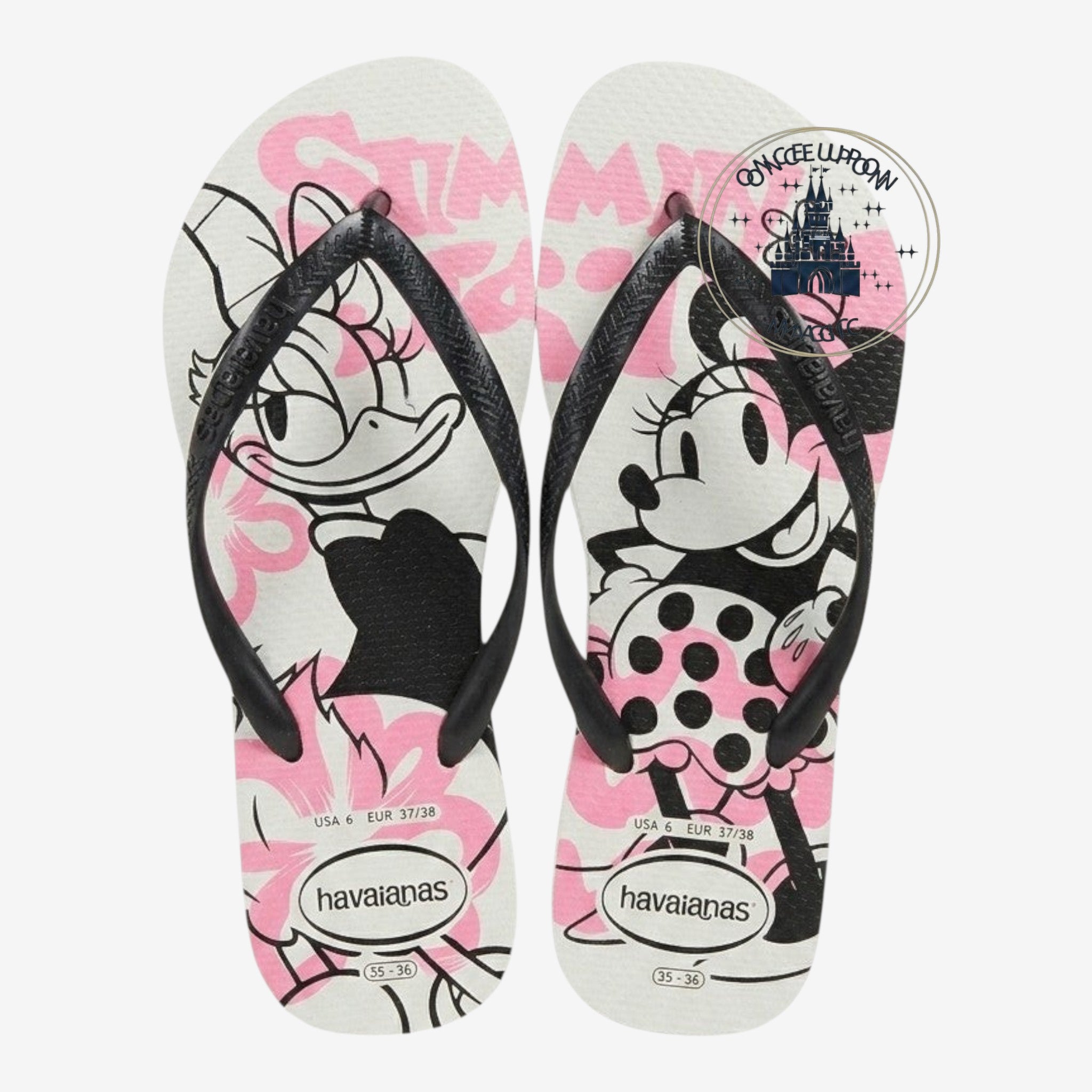Once Upon Magic white rubber flip-flops with Minnie Mouse & Daisy Duck graphic print in pink and black. Black straps.