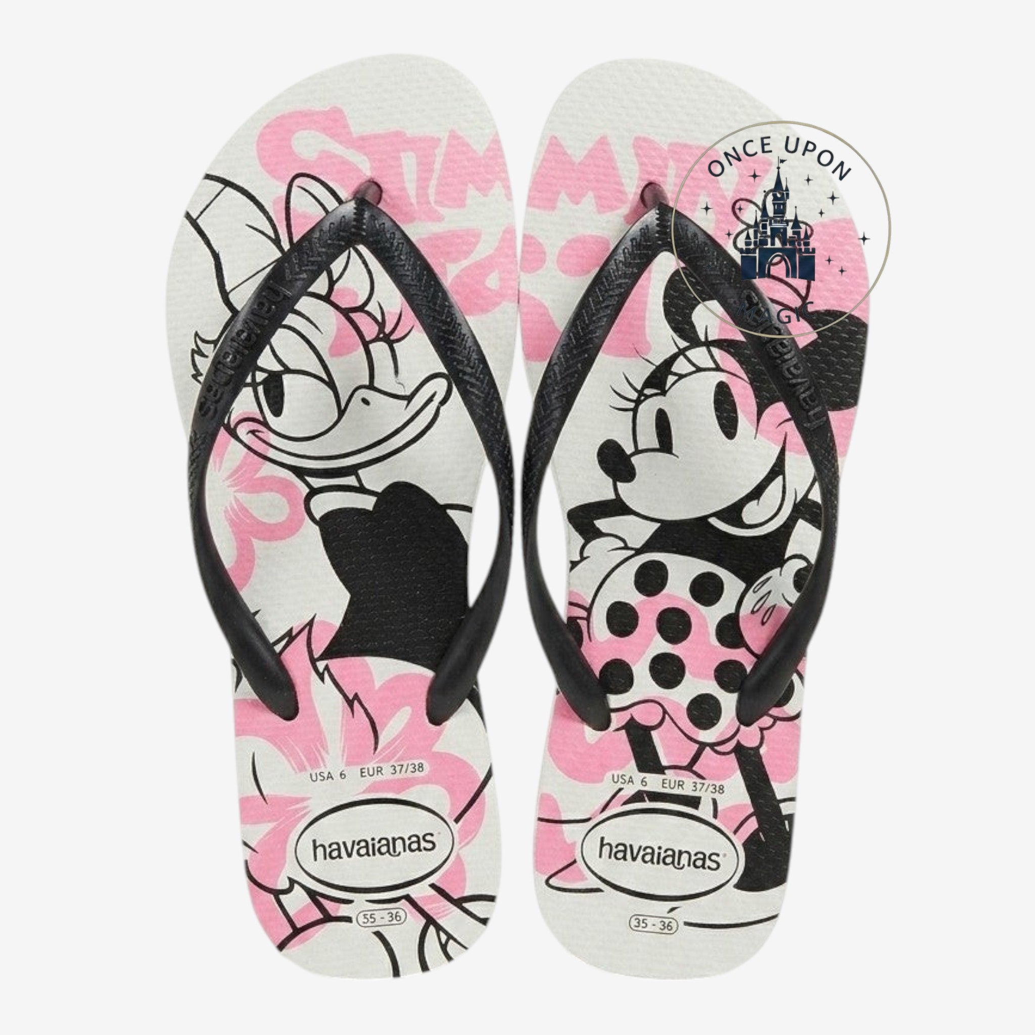 Once Upon Magic Havaianas flip-flops with Minnie Mouse and Daisy Duck graphics on white rubber footbed and black straps.