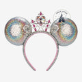 Once Upon Magic iridescent Minnie ears headband with a pink jeweled crown and heart gem. Perfect for Disney parks.
