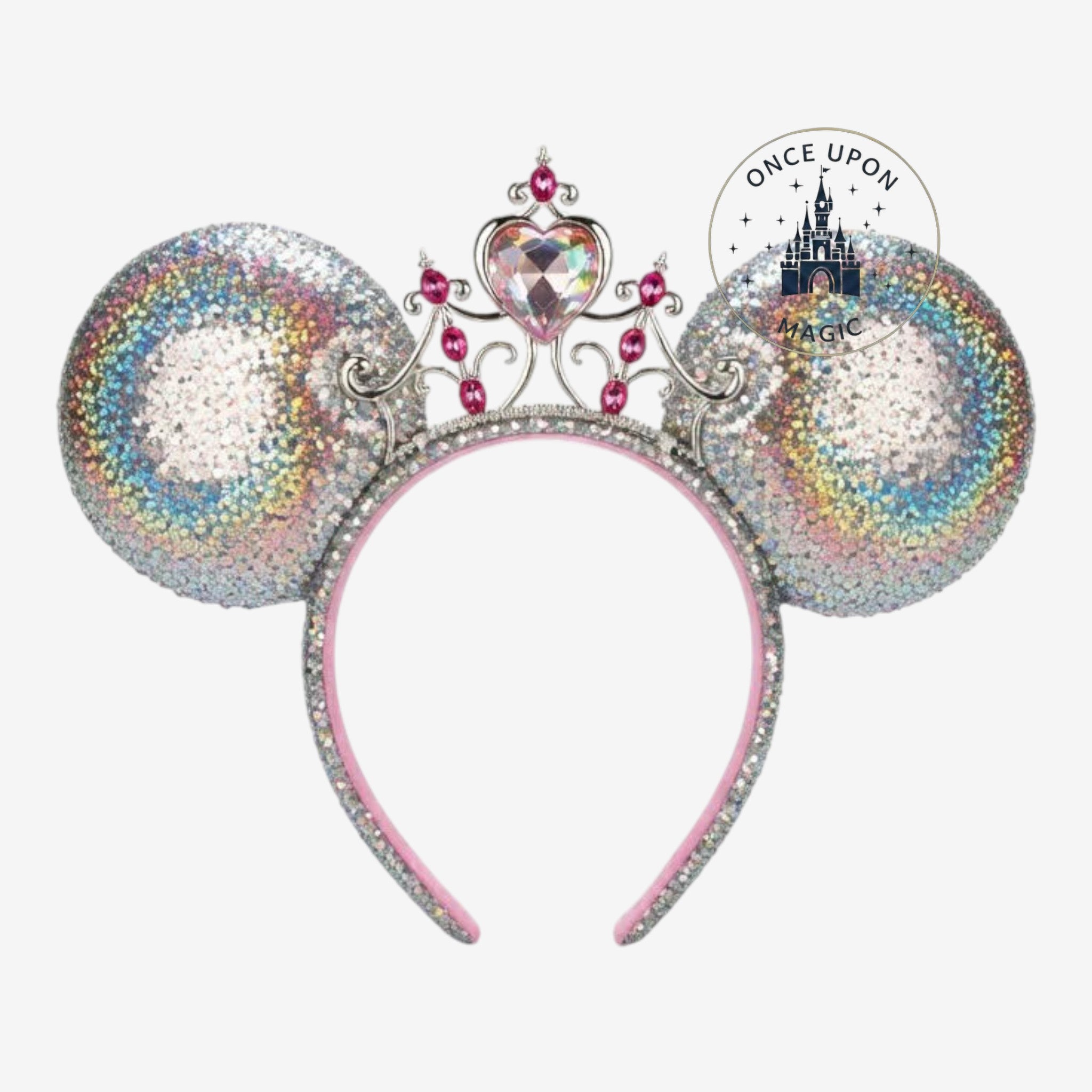 Once Upon Magic iridescent Minnie ears headband with a pink jeweled crown and heart gem. Perfect for Disney parks.