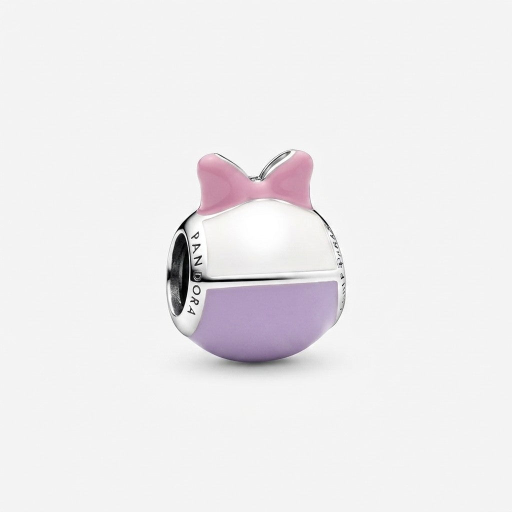 Once Upon Magic Minnie Mouse bow charm in sterling silver with pastel purple, white enamel and pink bow detail.